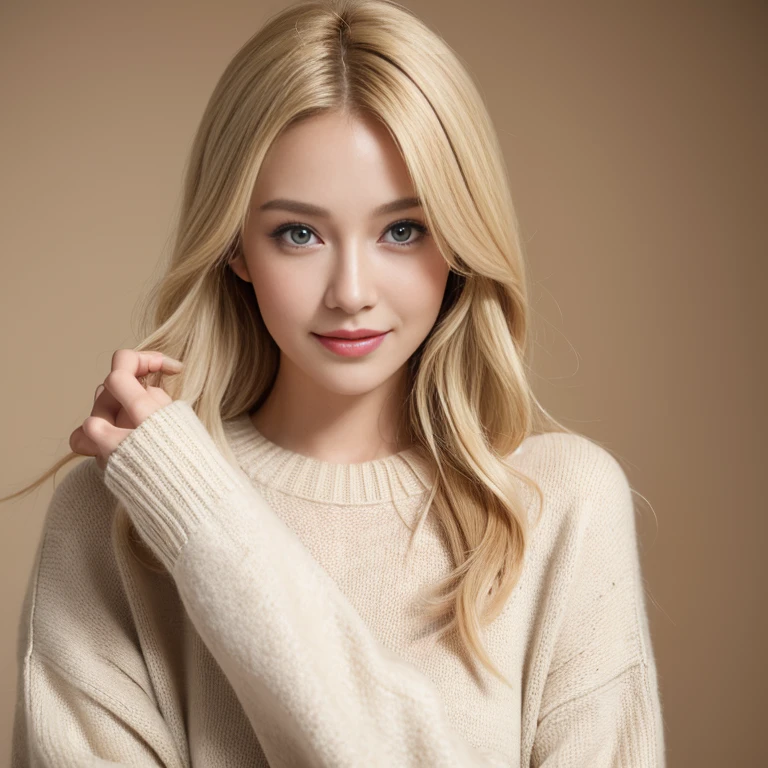 Portrait of a blonde model wearing a warm designer sweater, Brand clothing style, The sweater is completely exposed,  GH5, Happy expression, Low key image, Clear Texture - Image #2 @Slim Slim