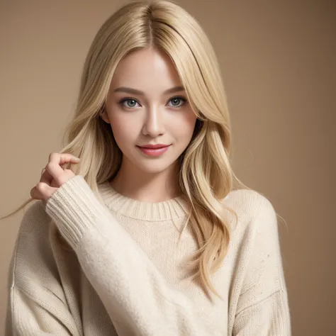 portrait of a blonde model wearing a warm designer sweater, brand clothing style, the sweater is completely exposed,  gh5, happy...