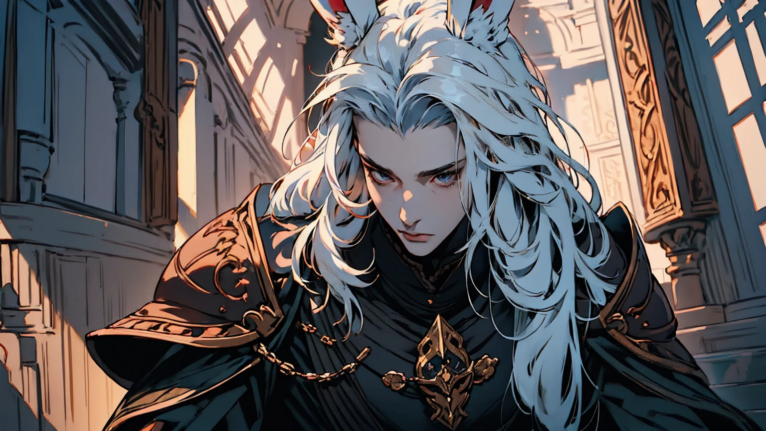 (work of art, best quality), masterpiece, Highest quality. 8k, intricate details, 1 man, adult, handsome man, red eyes, Male focus, bunny ears, Alone, red eyes, white hair, Long hair, Alone, vibrant eyes, black armor, mouth closed, Fantasy aesthetics, ruffled blue, white hair, shadowverse style, male face, portrait, sitting. Get ready to dive into a world where beauty and craftsmanship merge seamlessly, anatomically correct, looking at the viewer, marb1e4rmor