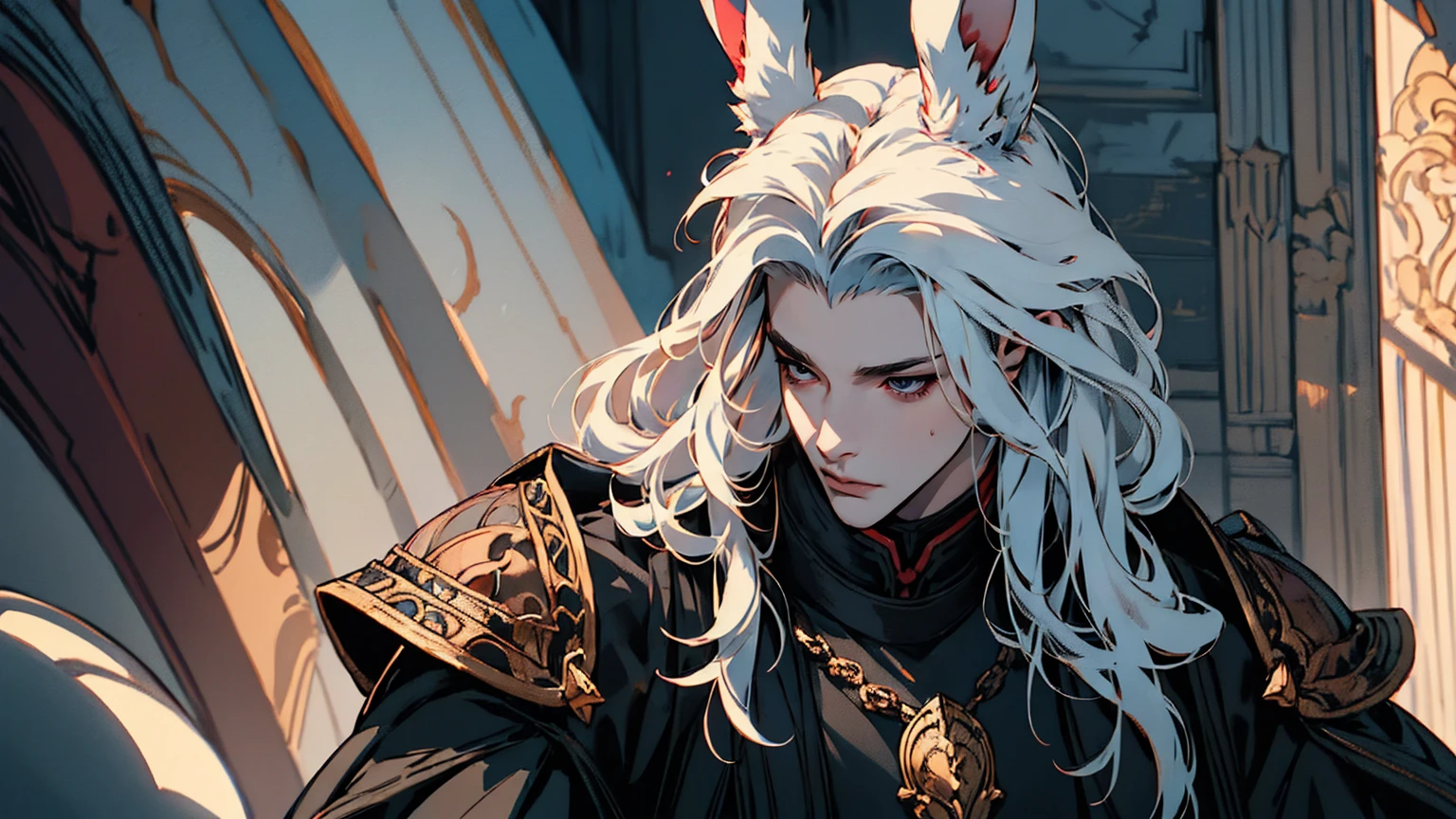 (work of art, best quality), masterpiece, Highest quality. 8k, intricate details, Alone, adult, handsome man, red eyes, Male focus, bunny ears, Alone, red eyes, white hair, Long hair, Alone, vibrant eyes, black armor, mouth closed, Fantasy aesthetics, ruffled blue, white hair, shadowverse style, male face, portrait, sitting. Get ready to dive into a world where beauty and craftsmanship merge seamlessly, anatomically correct, looking at the viewer, marb1e4rmor