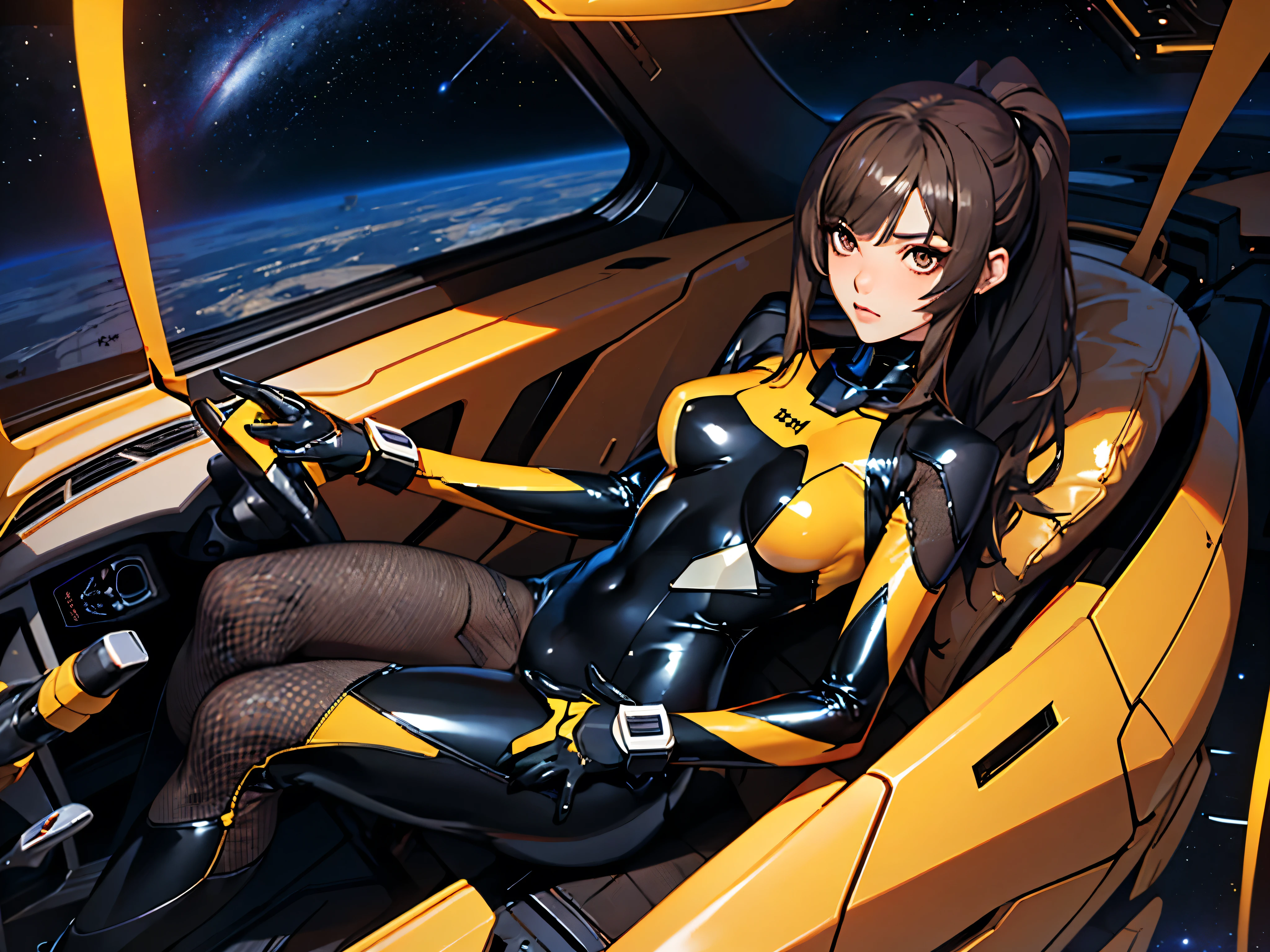 1girl, slender body, slim, extremely long ponytail, (dark brown hair), brown eyes, tan skin, ((ochre and black latex bodysuit)), (black armor), (((hexagonal mesh))), ((extremely glossy)), cyberwear, space background, starship interior, space cockpit
