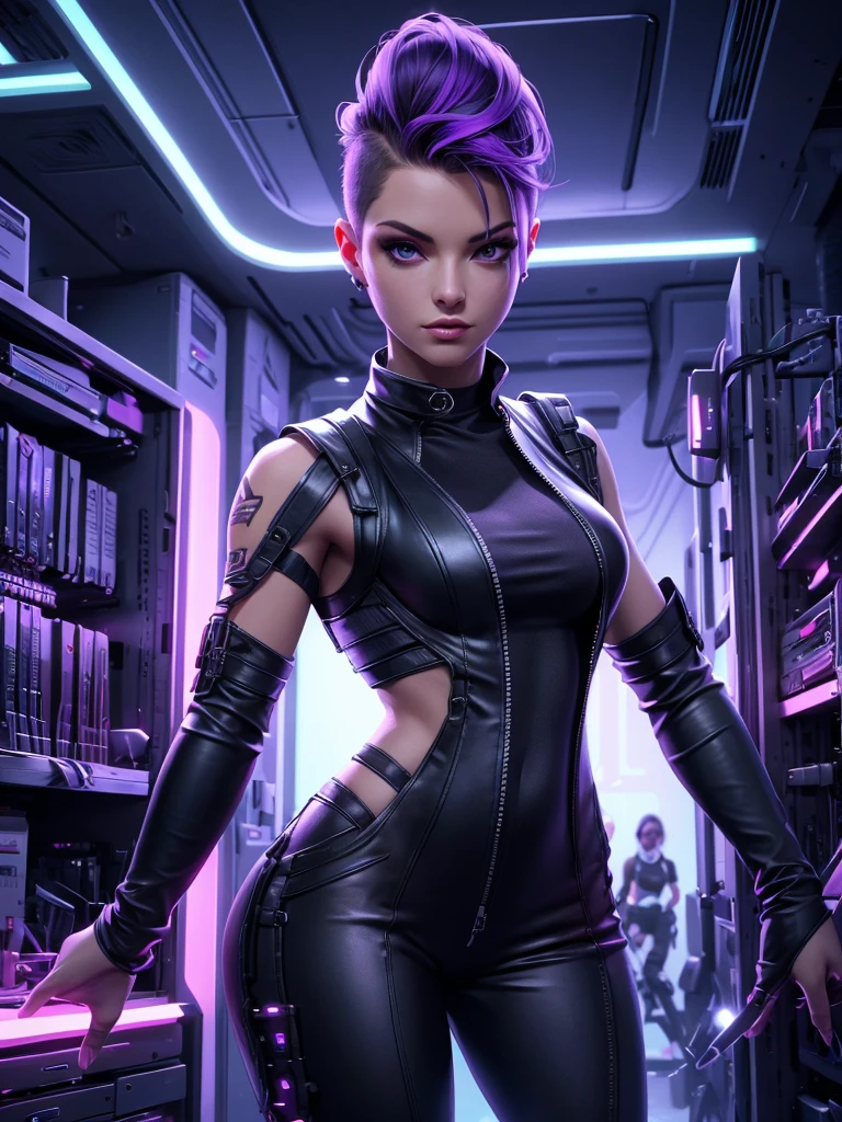 very slim female in long buzz cut hairstyle hacker, in purple vest and Leather Cooling Jumpsuit with glowing with white light Vertical Stitching wires, Xtreme, breasts, medium breasts, open vest, dirt on her clothes and face, black costume,leżącą na fotelu, dramatic lighting, realistic colors, highres, vivid colors, stunning neon city server room background, 8K image quality, Masterpiece