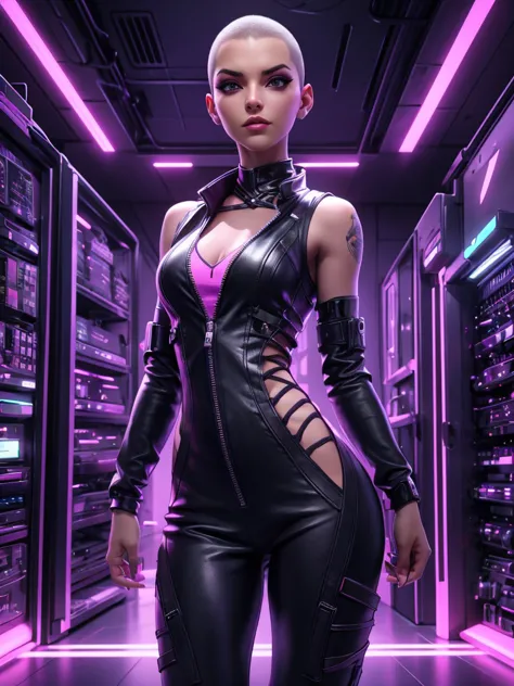 very slim female in long buzz cut hairstyle hacker, in purple vest and leather cooling jumpsuit with glowing with white light ve...