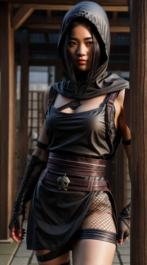 female shinobi with shoulder armor, asian, long black hair, brown eyes, hooded, fishnets, ninja garb, sakura background, japan