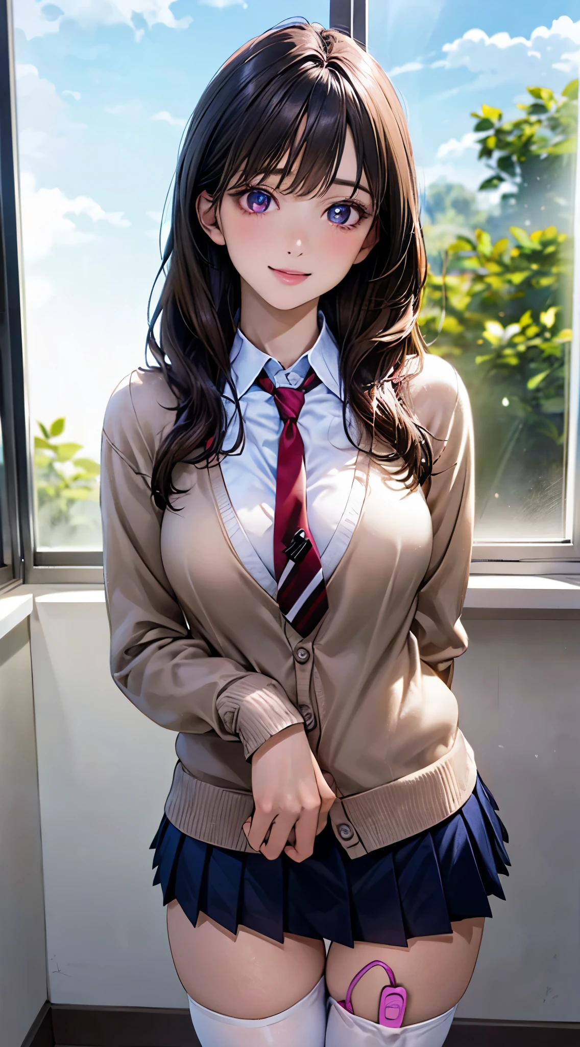 (masterpiece:1.3, top-quality, ultra high res, ultra detailed), (realistic, photorealistic:1.4), beautiful illustration, perfect lighting, natural lighting, colorful, depth of fields, nsfw, 
beautiful detailed hair, beautiful detailed face, beautiful detailed eyes, beautiful clavicle, beautiful body, beautiful chest, beautiful thigh, beautiful legs, beautiful fingers, shiny skin, babyface, 
looking at viewer, cowboy shot, front view, 1 girl, high school girl, (perfect anatomy, anatomically correct, super detailed skin), cute and symmetrical face, perfect face, perfect eyes, 
(long hair:1.8, straight hair:1.7, blond hair), asymmetrical bangs, purple eyes, (large breasts:1.1, thick thighs), 
((light blue collared shirts, navy pleated mini skirt, socks, navy tie, light brown cardigan, thigh-highs)), pink panties, 
(beautiful scenery), evening, (school classroom:1.2, curtains), walking, hands between legs, vibrator in thighhighs, (lovely smile, upper eyes), 