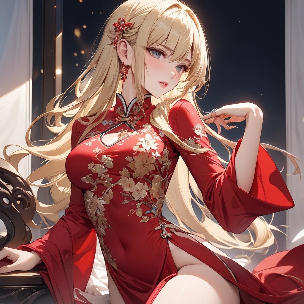 ((Best Quality)), ((masterpiece)), (detailed), （Perfect Face）、The woman was Seras Ashlain, a high elf with medium-long blonde hair wearing a long-slit Chinese dress, adorned with gorgeous jewelry and an engagement ring.