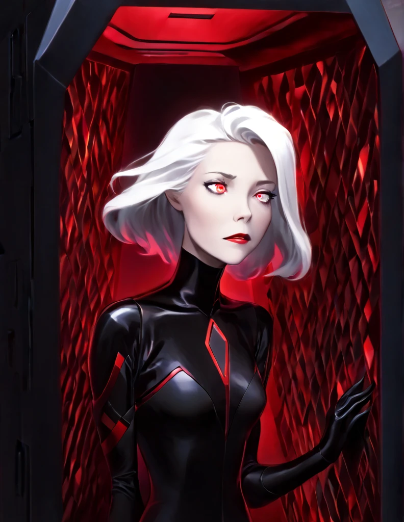 Pale Middle aged white haired Woman wearing a black sci-fi body suit. She has a calm dead pan expression. She is laying inside a geometric scifi coffin that glows red. The room is very dark with the only light coming from her coffin. Yhe whites of her eyes are black