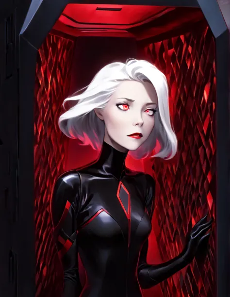 pale middle aged white haired woman wearing a black sci-fi body suit. she has a calm dead pan expression. she is laying inside a...