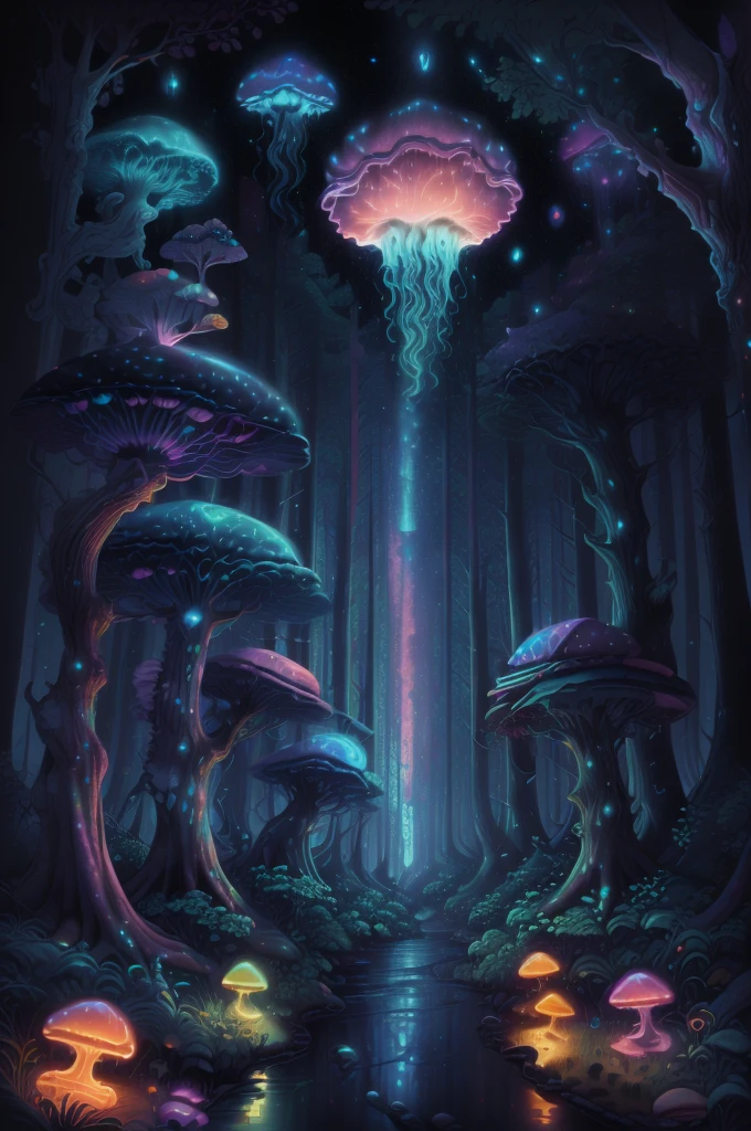 jellyfish swimming in a pine forest with magic mushrooms, starry sky and nebulae, digital art, psychedelic theme, vivid colors, saturated colors