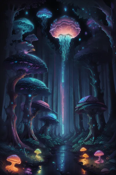 jellyfish swimming in a pine forest with magic mushrooms, starry sky and nebulae, digital art, psychedelic theme, vivid colors, ...