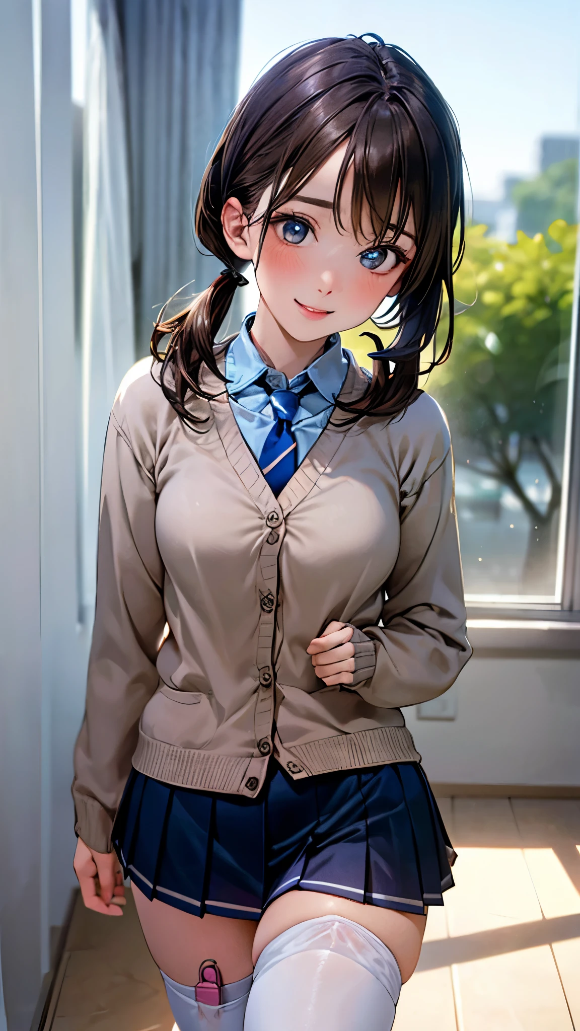 (masterpiece:1.3, top-quality, ultra high res, ultra detailed), (realistic, photorealistic:1.4), beautiful illustration, perfect lighting, natural lighting, colorful, depth of fields, nsfw, 
beautiful detailed hair, beautiful detailed face, beautiful detailed eyes, beautiful clavicle, beautiful body, beautiful chest, beautiful thigh, beautiful legs, beautiful fingers, shiny skin, babyface, 
looking at viewer, cowboy shot, front view, 1 girl, high school girl, (perfect anatomy, anatomically correct, super detailed skin), cute and symmetrical face, perfect face, perfect eyes, 
(short hair:1.4, low twin tails, light brown hair), swept bangs, blue eyes, (medium breasts, seductive thighs), slender, outstanding style, 
((light blue collared shirts, navy pleated mini skirt, socks, navy tie, light brown cardigan, thigh-highs)), pink panties, 
(beautiful scenery), evening, (school classroom:1.2, curtains), walking, hands between legs, vibrator in thighhighs, (lovely smile, upper eyes), 