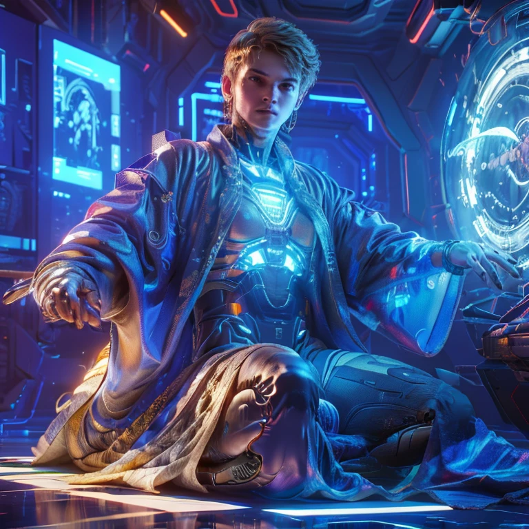 A young blond man in an haute couture designer astronaut-inspired suit, walking inside a futuristic spaceship, cyberpunk, best quality, 4k, 8k, highres, masterpiece, ultra-detailed, realistic, photorealistic, photo-realistic, HDR, UHD, studio lighting, ultra-fine painting, sharp focus, physically-based rendering, extreme detail description, professional, vivid colors, bokeh, concept art