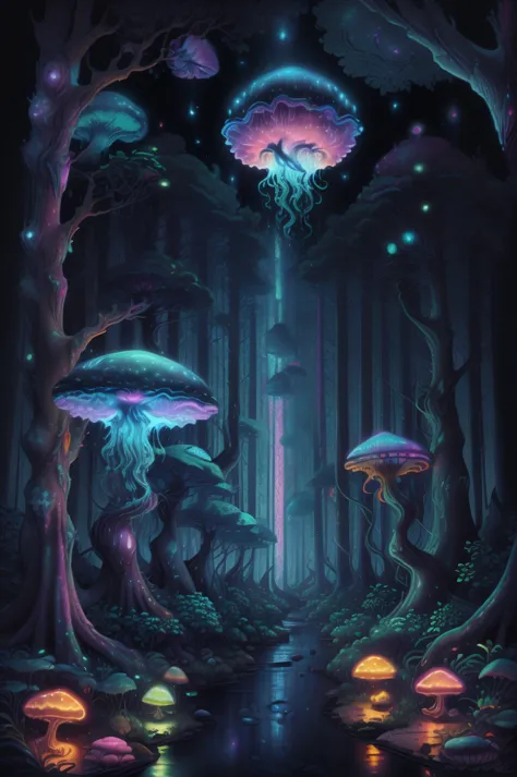 jellyfish swimming in a pine forest with magic mushrooms, starry sky and nebulae, digital art, psychedelic theme, vivid colors, ...