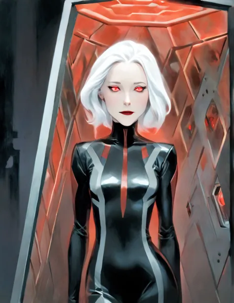 pale middle aged white haired woman wearing a black sci-fi body suit. she has a calm dead pan expression. she is laying inside a...