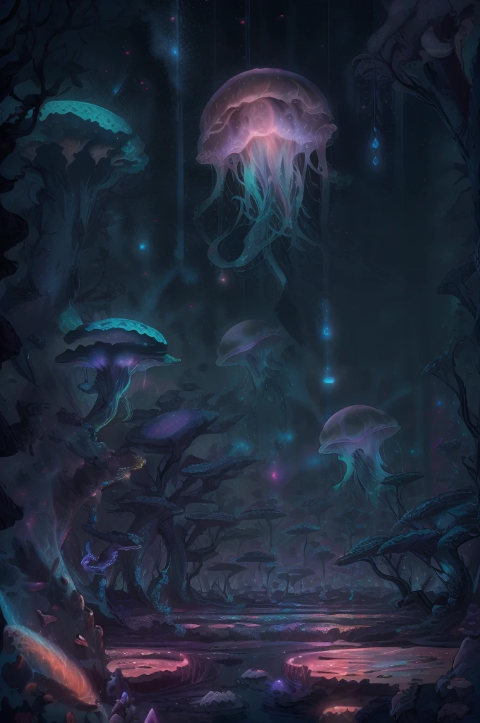 jellyfish swimming in a pine forest with magic mushrooms, starry sky and nebulae, digital art, psychedelic theme, vivid colors, saturated colors