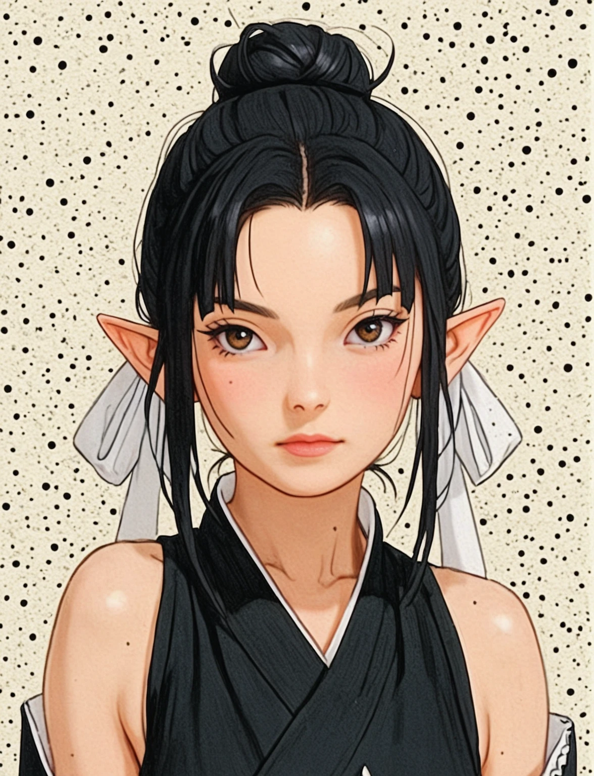 Create a digital illustration of a female character with elf ears with round dots instead of eyebrows. For the hairstyle, she should have black hair styled into a single bun at the back of her head, complemented by asymmetrically chopped bangs that transition into a long lock on one side. Her outfit should match short hakama with detached sleeves and frills under the shorts and the sleeves, in a gothic style, featuring intricate white lace patterns, detailed cutouts, and a white obi with a black seigaiha black pattern. The upper part of the outfit should be a sleeveless kimono blouse. The outfit should include layered skirts and ribbon details to emphasize a similar aesthetic. Add a muted background that complements her striking attire and hairstyle. Artwork in the style of guweiz, digital art inspired by the style of Ilya Kuvshinov.