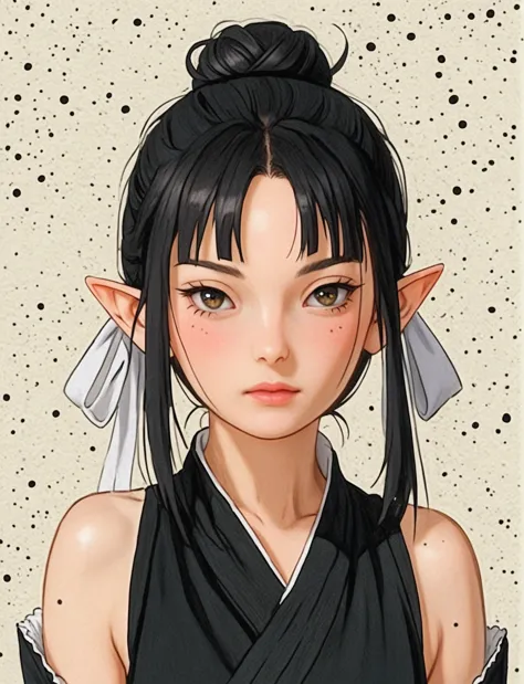 create a digital illustration of a female character with elf ears with round dots instead of eyebrows. for the hairstyle, she sh...