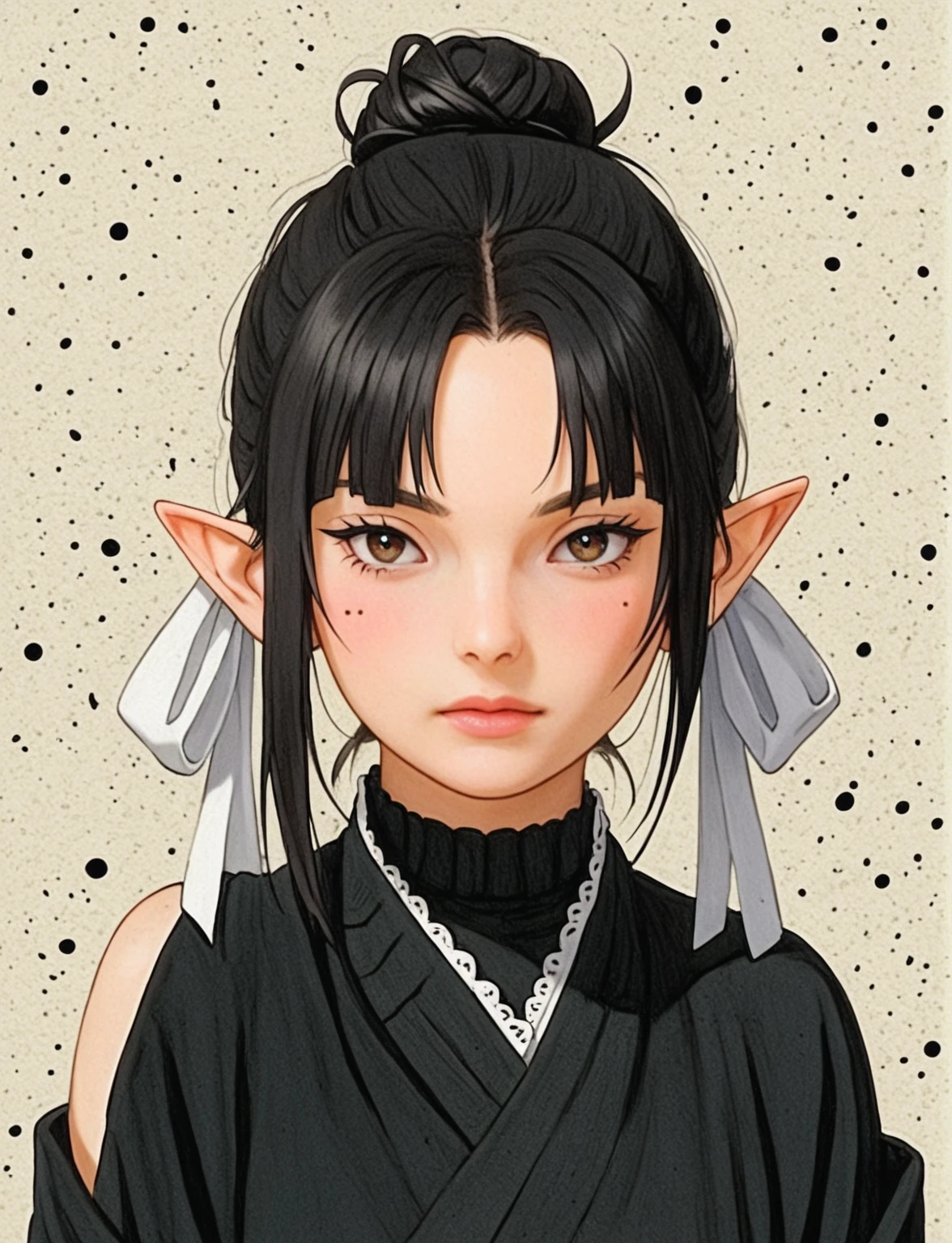 Create a digital illustration of a female character with elf ears with round dots instead of eyebrows. For the hairstyle, she should have black hair styled into a single bun at the back of her head, complemented by asymmetrically chopped bangs that transition into a long lock on one side. Her outfit should match short hakama with detached sleeves and frills under the shorts and the sleeves, in a gothic style, featuring intricate white lace patterns, detailed cutouts, and a white obi with a black seigaiha black pattern. The upper part of the outfit should be a sleeveless kimono blouse. The outfit should include layered skirts and ribbon details to emphasize a similar aesthetic. Add a muted background that complements her striking attire and hairstyle. Artwork in the style of guweiz, digital art inspired by the style of Ilya Kuvshinov.