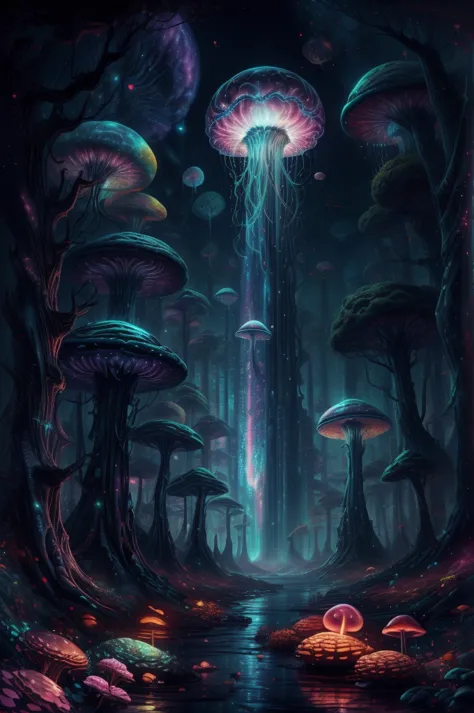 jellyfish swimming in a pine forest with magic mushrooms, starry sky and nebulae, digital art, psychedelic theme, vivid colors, ...