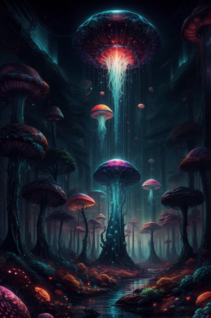 jellyfish swimming in a pine forest with magic mushrooms, starry sky and nebulae, digital art, psychedelic theme, vivid colors, saturated colors