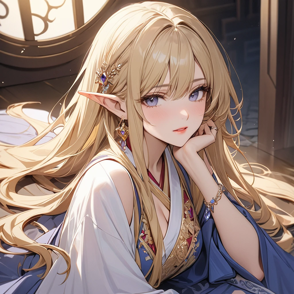 ((Best Quality)), ((masterpiece)), (detailed), （Perfect Face）、The woman was Seras Ashlain, a high elf with medium-long blonde hair, dressed in a gorgeous Hanfu outfit, adorned with gorgeous jewelry and an engagement ring.