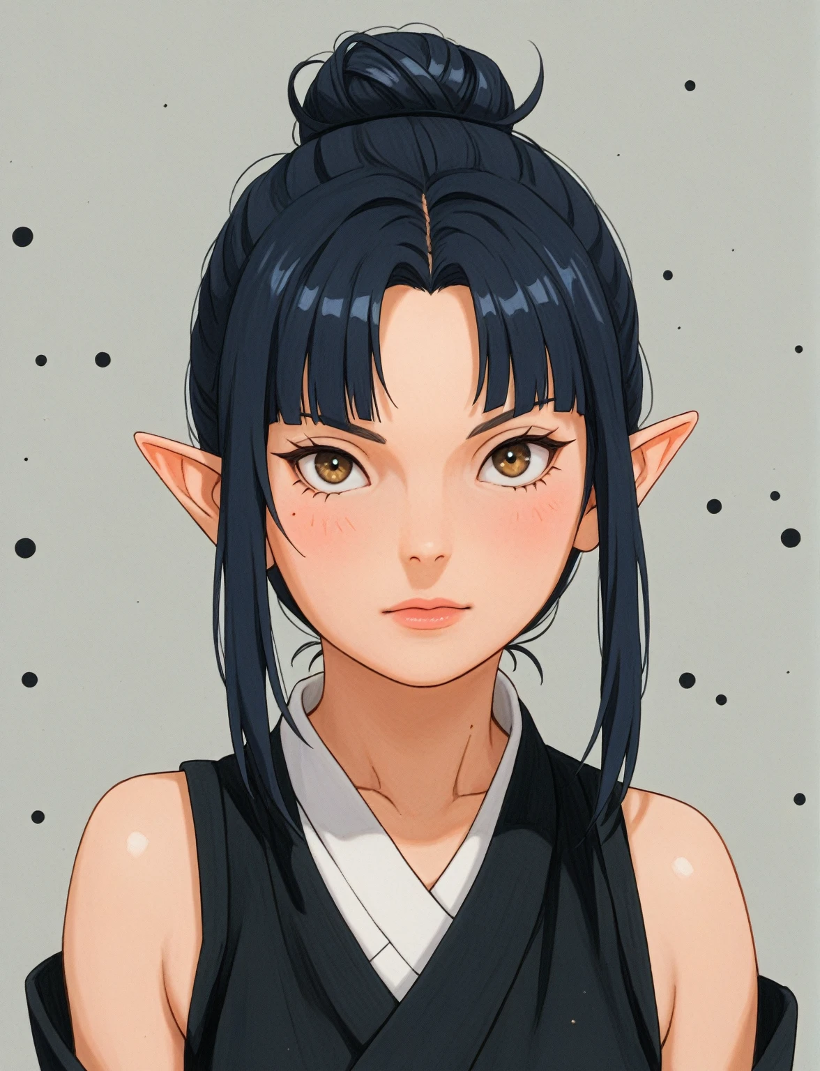 Create a digital illustration of a female character with elf ears with round dots instead of eyebrows. For the hairstyle, she should have black hair styled into a single bun at the back of her head, complemented by asymmetrically chopped bangs that transition into a long lock on one side. Her outfit should match short hakama with detached sleeves and frills under the shorts and the sleeves, in a gothic style, featuring intricate white lace patterns, detailed cutouts, and a white obi with a black seigaiha black pattern. The upper part of the outfit should be a sleeveless kimono blouse. The outfit should include layered skirts and ribbon details to emphasize a similar aesthetic. Add a muted background that complements her striking attire and hairstyle. Artwork in the style of guweiz, digital art inspired by the style of Ilya Kuvshinov.