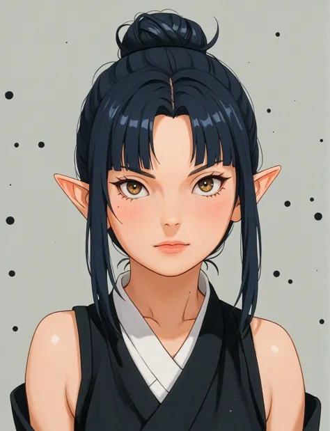 create a digital illustration of a female character with elf ears with round dots instead of eyebrows. for the hairstyle, she sh...