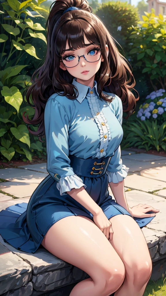 (masterpiece: 1.2), (highest quality: 1.2),, just face, perfect eyes, perfect face, perfect lighting, 1 2 girl, in the garden, （sweater），（I can see your feet），（sexy), （glasses），（ponytail），curly hair, beautiful clothes, detailed outdoor background, make up, eye shadow, thick eyelashes, fantasy, look at the viewer, just face，Alice in Wonderland、blue sky、Bright and beautiful face、young bright and shiny white skin、the best beauty、the most beautiful shiny brown hair in the world、fine hair、long hair、beautiful shiny bangs、big bright crystal blue eyes、very beautiful and kind 1, the most beautiful girl of the world, small breasts