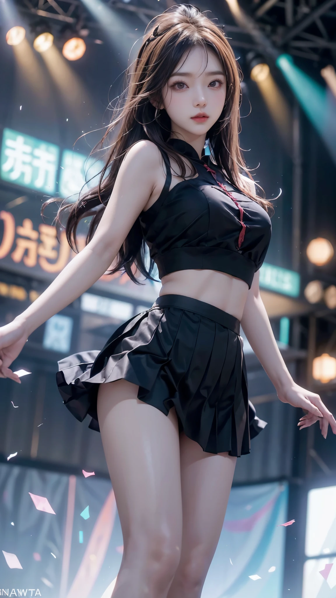 ulzzang-6500-v1.1, (RAW photo: 1.2), (Real photo), (Real photo: 1.4), 1 girl、Perfect anatomy、1、Looking at the camera、Medium length hair、dance skirt, ((performing on stage: 1.1))、(Business service)、Asian eyes Ella,