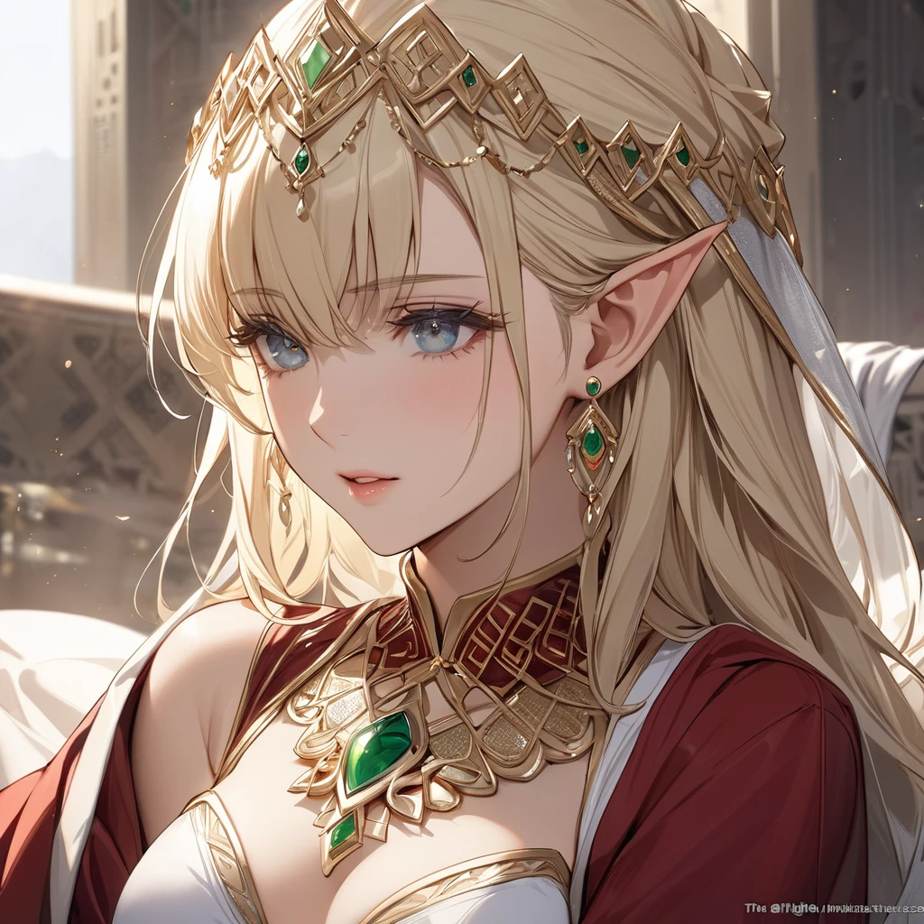 ((Best Quality)), ((masterpiece)), (detailed), （Perfect Face）、The high elf woman is Seras Ashlain, a blonde, medium-length-haired high elf wearing Saudi Arabian traditional clothing, gorgeous jewelry and an engagement ring.