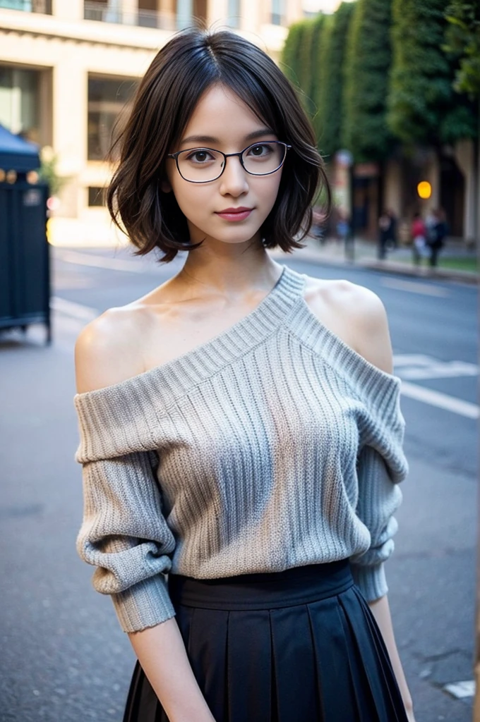 Photo of a beautiful woman standing on a street corner, (masterpiece:1.2, highest quality), (Realistic, photoRealistic:1.4), Beautiful illustrations, (Natural Side Lighting, Cinema Lighting), Written boundary depth, Beautiful thighs staring at the viewer, (((Face Focus, Upper Body))), 1 female, 20-year-old, alone, thin, slender, small breasts!!!, short hair, bob cut, curly hair, different hairstyles, thin, slender, (((glasses))), casual clothes, off-the-shoulder sweater and pleated skirt, Half Smile, Are standing, Milan on a clear day with park in the foreground, portrait