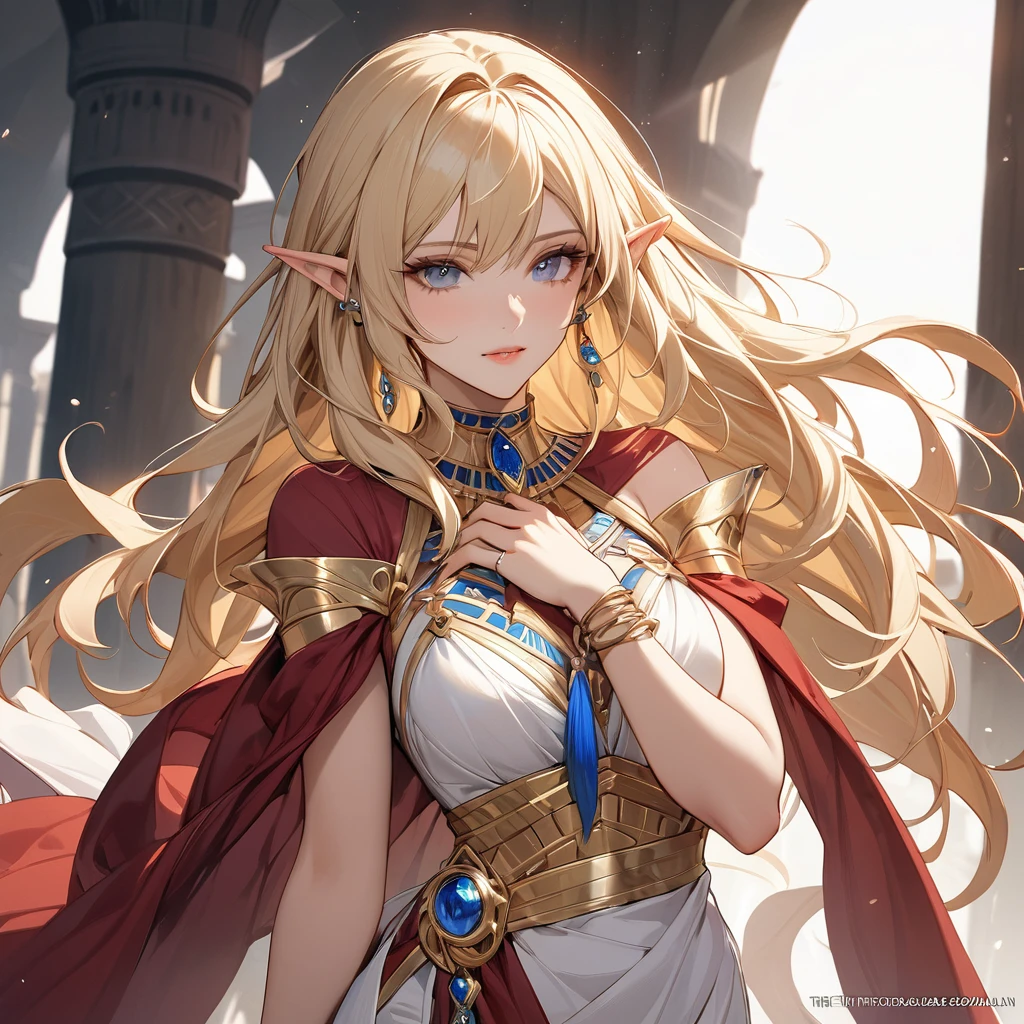 ((Best Quality)), ((masterpiece)), (detailed), （Perfect Face）、The high elf woman is Seras Ashlain, a blonde, medium-long-haired high elf wearing Egyptian traditional clothing, gorgeous jewelry and an engagement ring.