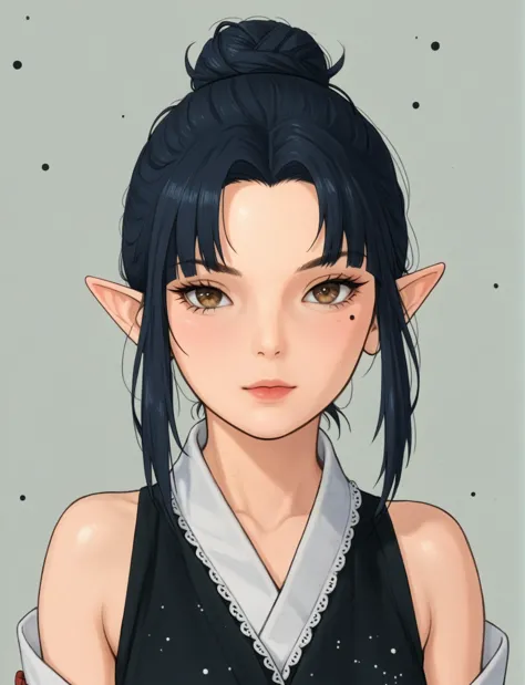 create a digital illustration of a female character with elf ears with round dots instead of eyebrows. for the hairstyle, she sh...