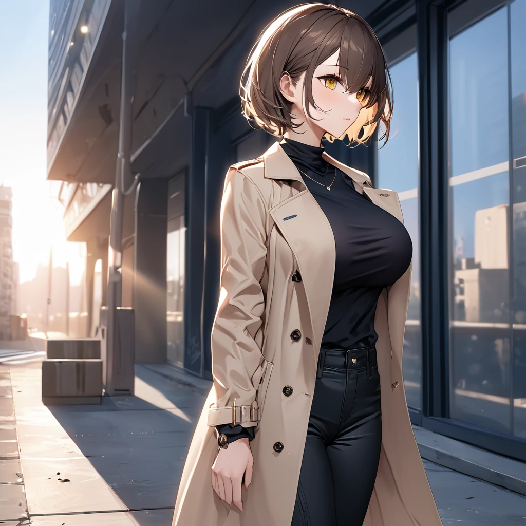 A woman wearing a long beige coat, black pants, black shirt, big breasts, yellow eyes, brown hair, short hair, standing on a concrete sidewalk, long building in the background, building with white wall and dim blue windows, sunlight reflecting in the windows.( Azur_lane , USS_Baltimore.)masterpiece, accurate, anatomically correct, textured skin, super detail, high quality, best quality, 8k, high resolution, bokeh effect.(solo woman), close view.
