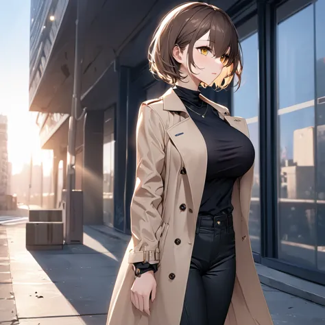 a woman wearing a long beige coat, black pants, black shirt, big breasts, yellow eyes, brown hair, short hair, standing on a con...