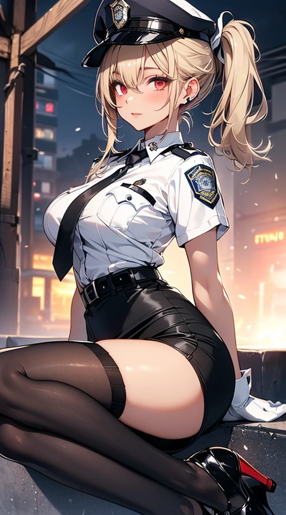 (((Perfect Anatomy, Ultra-detailed skin))), 1 girl, Japanese, Police Girl, Shiny skin, Large Breasts:0.5, Beautiful Hair, Beautiful Face, Beautiful fine details, (Long Hair:1.5, Side Ponytail:1.7), Blonde, bangs, Hair between the eyes, Red eyes, 
Beautiful clavicle, Beautiful body, Beautiful breasts, Beautiful thighs, Beautiful legs,  Mole under the eye, 
((Female police officer uniform, White short sleeve shirt, Checked tie, High waist、Black Pencil Skirt、stockings), High heels、belt, White gloves, Police hat, handcuffs), Captivating thighs,Barbed wire