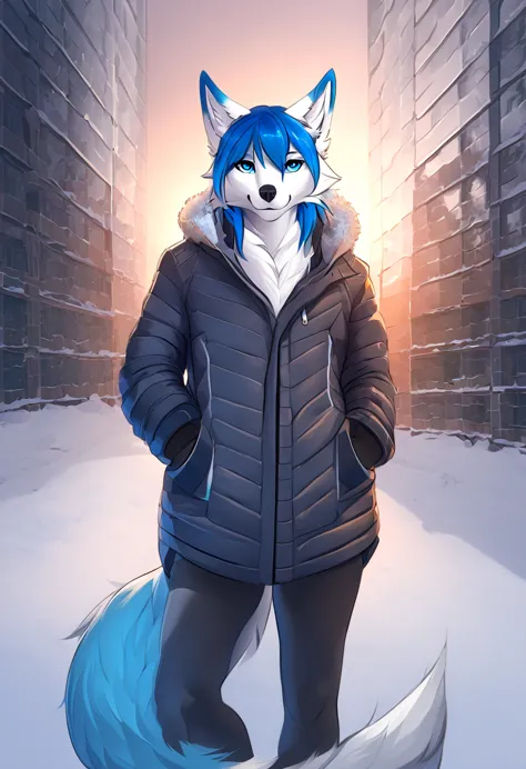 fox hybrid/white fur wolf,blue hair,blue eyes, with a winter jacket, posing in an epic way,