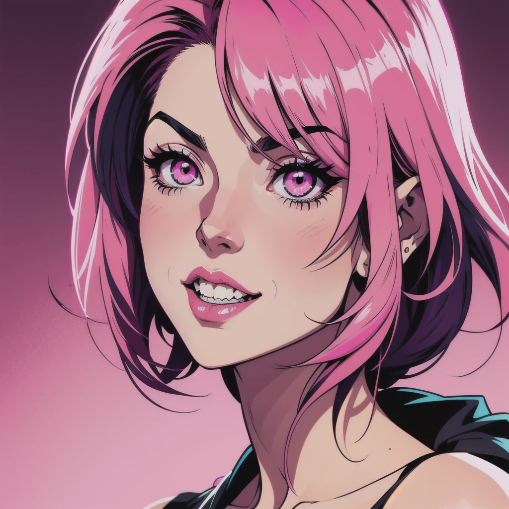 Create a vibrant anime-style illustration of a cute girl with playful vampire teeth, set against a neon noir backdrop. Use a soft pink background to enhance the character's charm, and add texture with noise and scratches for a vintage, edgy feel.