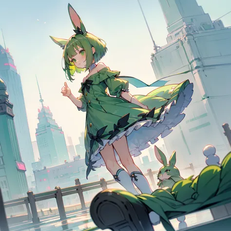 (long green rabbit ears), green animal ears, (1 girl), green hair, green eyes, bob cut, thin eyebrows, shy, young, alone, lolita...