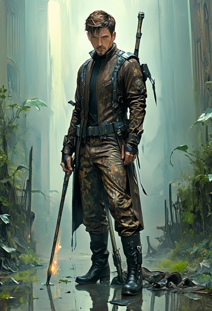 (masterpiece, best quality: 1.2) , mature men, short hair, brown hair, black t-shirt, camo pantsuit , boots, mystical staff, surrealism, post apocalyptic 