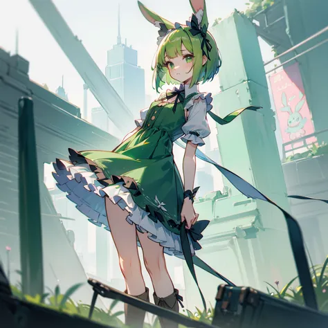 (long green rabbit ears), green animal ears, (1 girl), green hair, green eyes, bob cut, thin eyebrows, shy, young, alone, lolita...