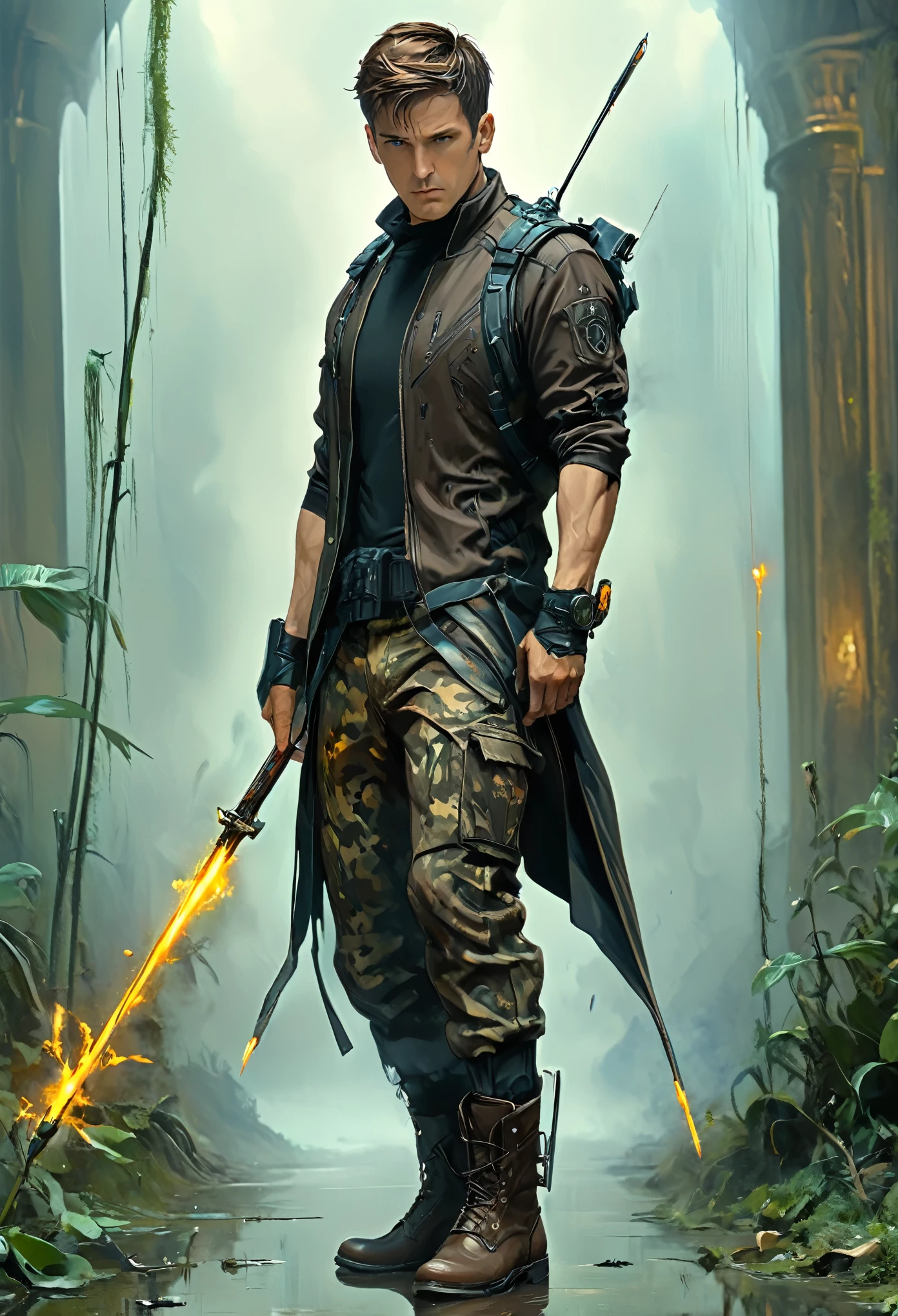 (masterpiece, best quality: 1.2) , mature men, short hair, brown hair, black t-shirt, camo pantsuit , boots, mystical staff, surrealism, post apocalyptic 