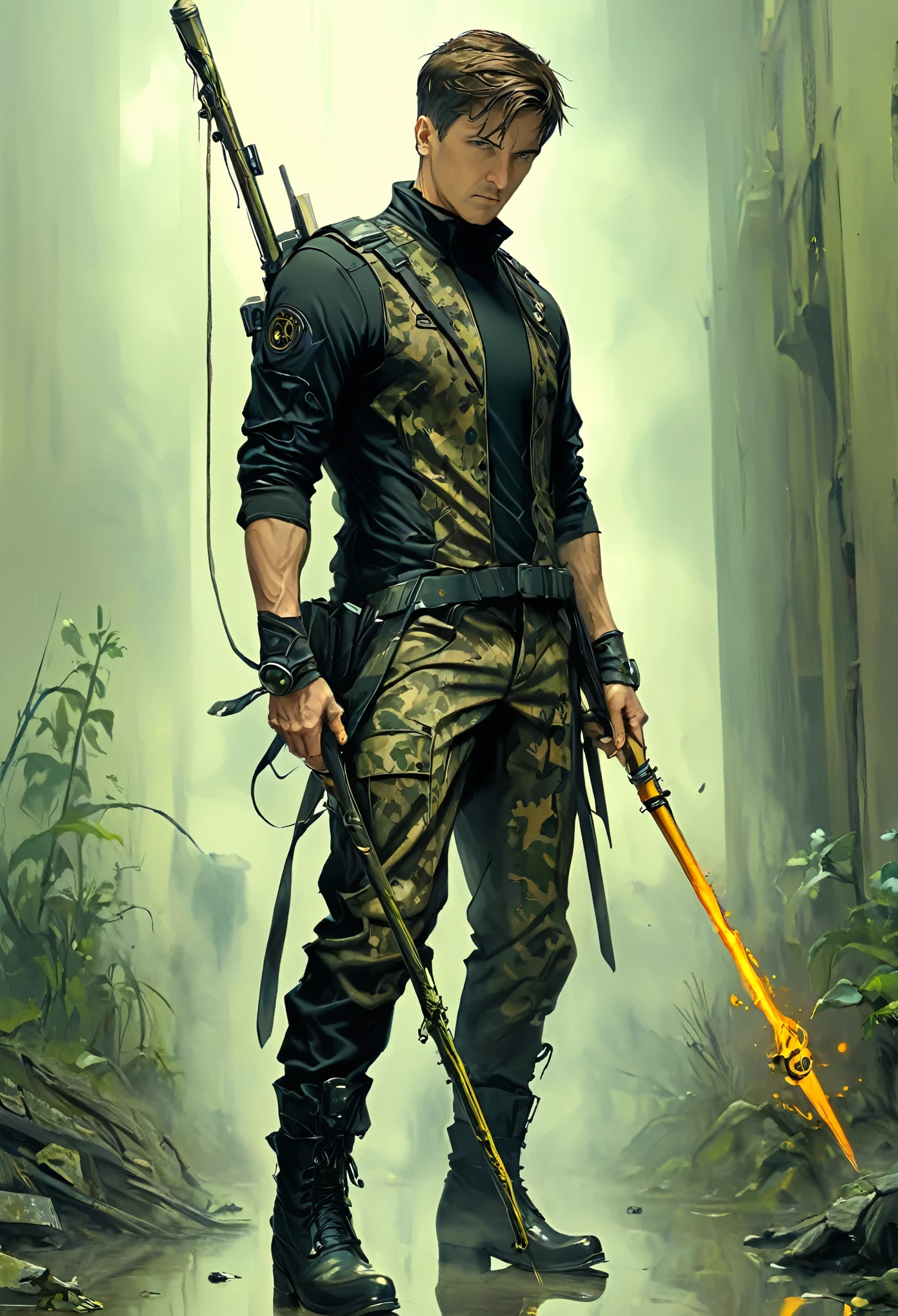 (masterpiece, best quality: 1.2) , mature men, short hair, brown hair, black t-shirt, camo pantsuit , boots, mystical staff, surrealism, post apocalyptic 