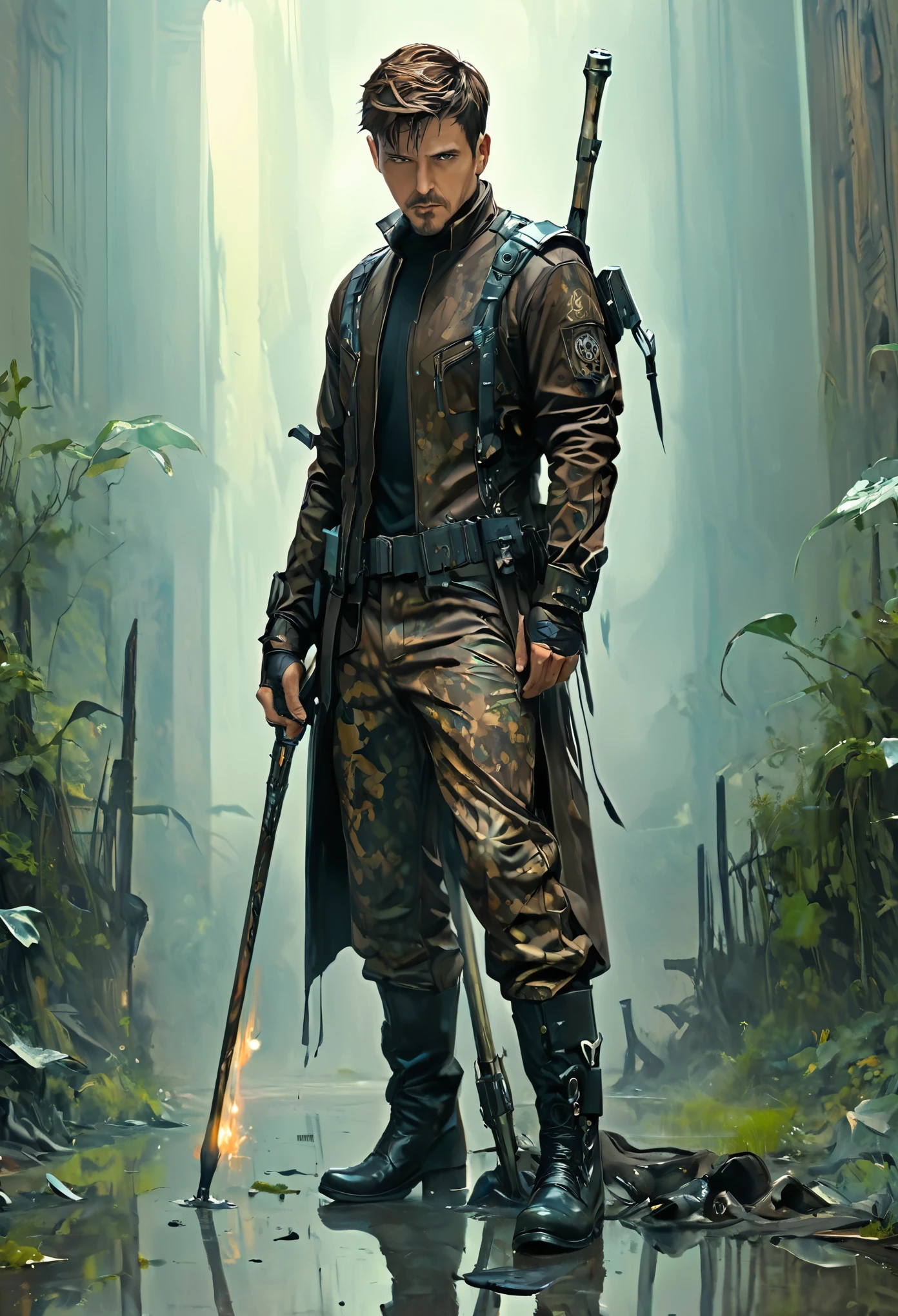 (masterpiece, best quality: 1.2) , mature men, short hair, brown hair, black t-shirt, camo pantsuit , boots, mystical staff, surrealism, post apocalyptic 