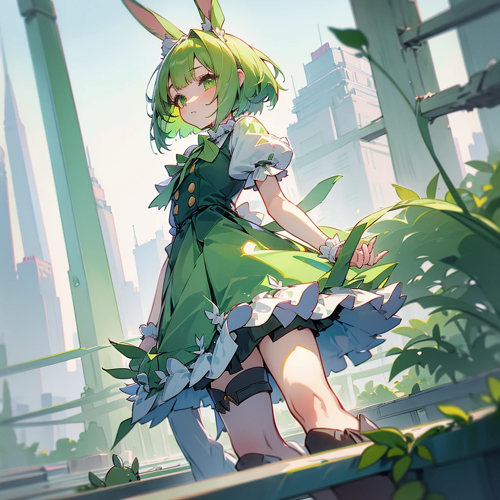 (long Green rabbit ears), green animal ears, (1 girl), green hair, green eyes, bob cut, young, alone, Lolita, childhood, child, short, frilled clothing, trunk neck tee, skirt, spats, dress, knee socks,
long boots, hair ribbon, in the city, tiny, baby face, pastel academia, cel anime, Solo,