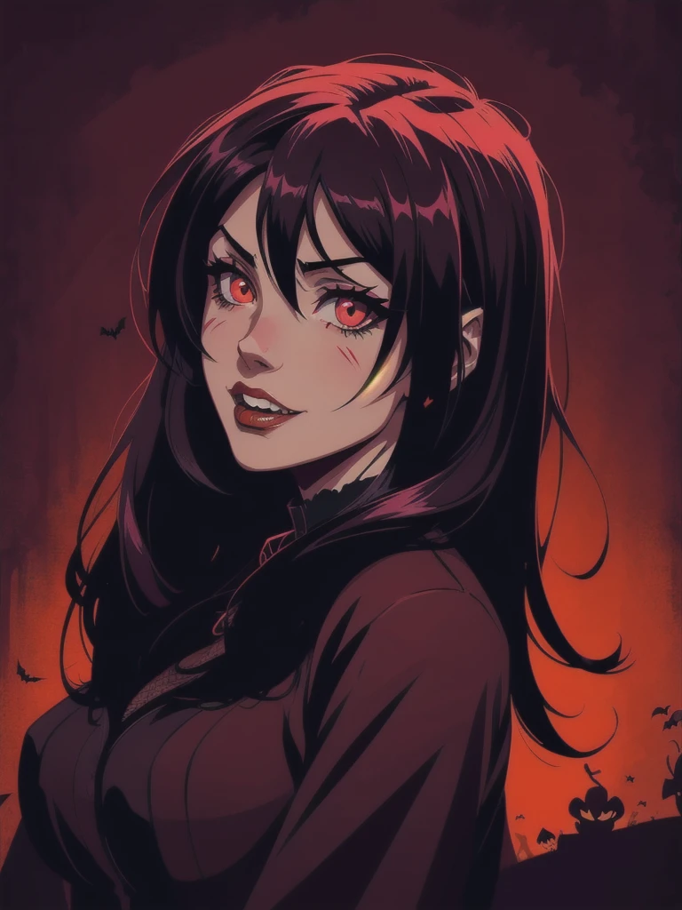 Create an anime-style image of a cute girl with vampire teeth, set against a vibrant red background. Emphasize a neon noir aesthetic with moody lighting. Add a layer of noise and scratches to evoke a vintage, Halloween vibe. Incorporate elements like spooky shadows or subtle Halloween motifs to enhance the atmosphere.