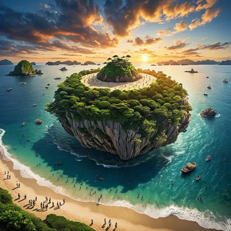 a crowd gazes in awe at a floating island that resembles a giant land mass in the evening sky、floating island in the sea、people ...