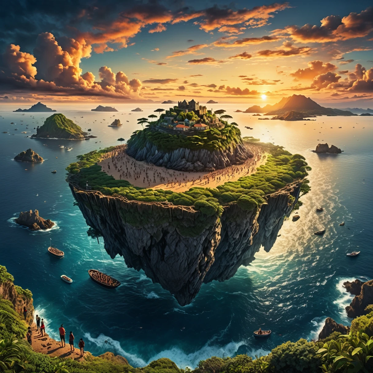 a large mysterious floating island in the evening sky, crowds gazing at the island in awe, floating island in the sea, people gathering on the coastline at sunset excitedly pointing at the island, curious onlookers, people trembling in fear, people fleeing, people running along the coastline, chaotic coastal scenery