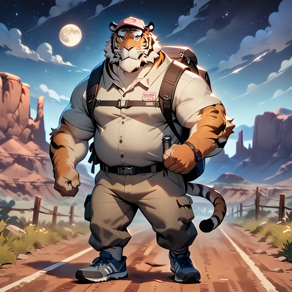 masterpiece, best quality, very aesthetic, absurdres, BREAK noise reduction, BREAK super fine illustration, insanity detailed, ultra detailed, BREAK [face:full body:10], looking away, from above, american country, BREAK backpacker, plump middle-aged tiger man, fluffy body, tail, anime face, male face, big face, square jawline, brown eyes, male eyes, big eyes, male eyebrows, innocent look, beautiful beard, SimplePositiveXLv2, BREAK happy, little smile, backpack, baseball cap, half pants, sneaker, standing, hiking, dynamic pose, BREAK [simple background::12], night sky, Route 66, outdoor, professional lighting,  