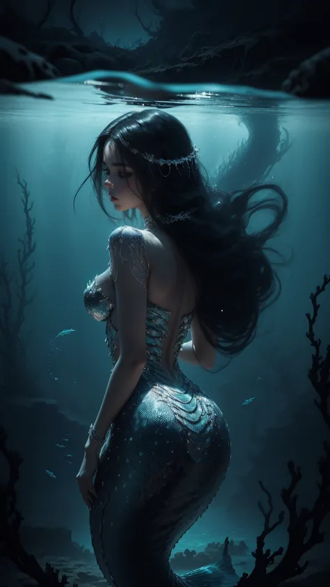 woman 30 years old, underwater, skeleton, ,under the sea, where coral tendrils and vines abound, a woman (mermaid), long black h...